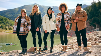 5 Models wearing the Woolx Shacket in the mountains