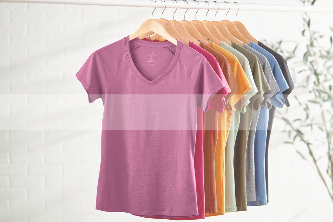 rack with multiple short sleeve shirts hanging, colors from pink to yellow to green and blue.  cream background with tree in right corner 