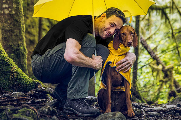A man squats under a yellow umbrella in a forest, smiling and hugging his brown dog. The dog is wearing a yellow raincoat and sitting on the ground amidst trees and greenery.