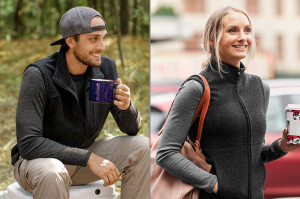 Left image: A man wearing a baseball cap and a dark vest holds a blue mug while sitting outdoors. Right image: A smiling woman in a dark vest and light casual wear carries a large tote bag and a cup, walking outside.