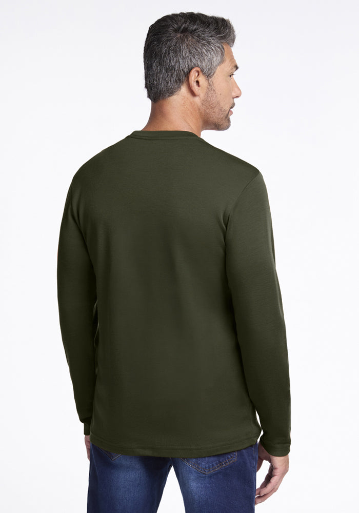 Man with short gray hair in Woolx Easton Crew Neck Shirt - Duffel Bag and jeans, facing away from the camera.