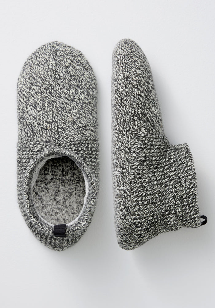 Two Womens Gripper Slippers - Speckled Pebble by Woolx, side and top view, on a plain white background.