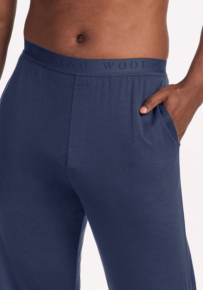 Arlo Lounge Pants in Deep Dive dark blue Merino wool with a wide elastic waistband and side pockets.