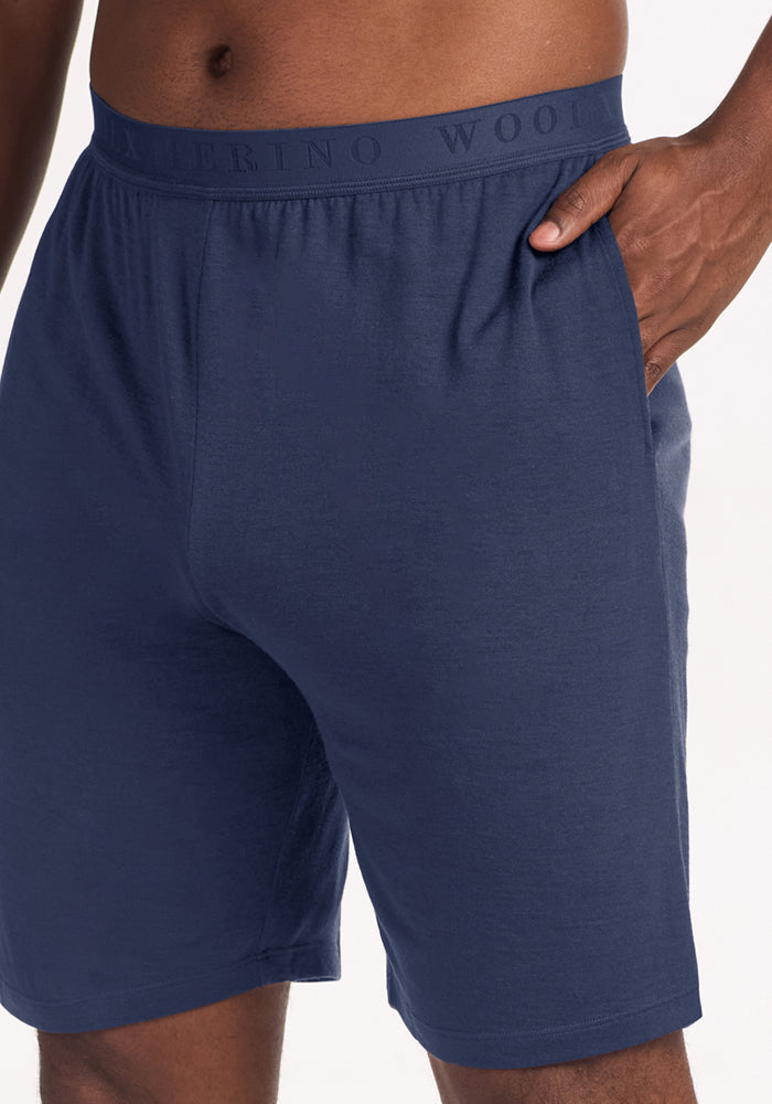 Woolx Archer Lounge Shorts - Deep Dive in deep blue Merino wool with an elastic waistband and side pockets.