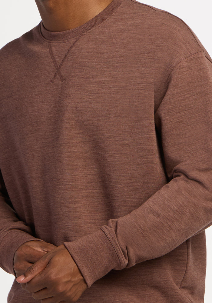 Woolx Miles Crewneck - Sable Heather in brown with a V-stitch detail at the collar.