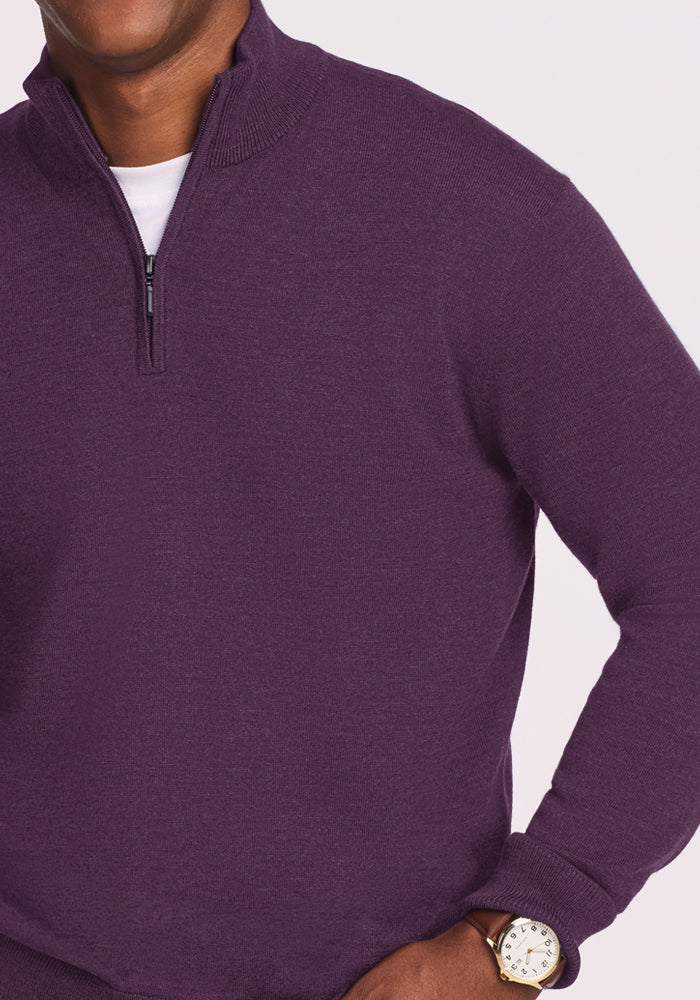 Man in Woolx Enzo Quarter Zip - Purple Iris, white shirt & gold watch—ideal for layering all year.