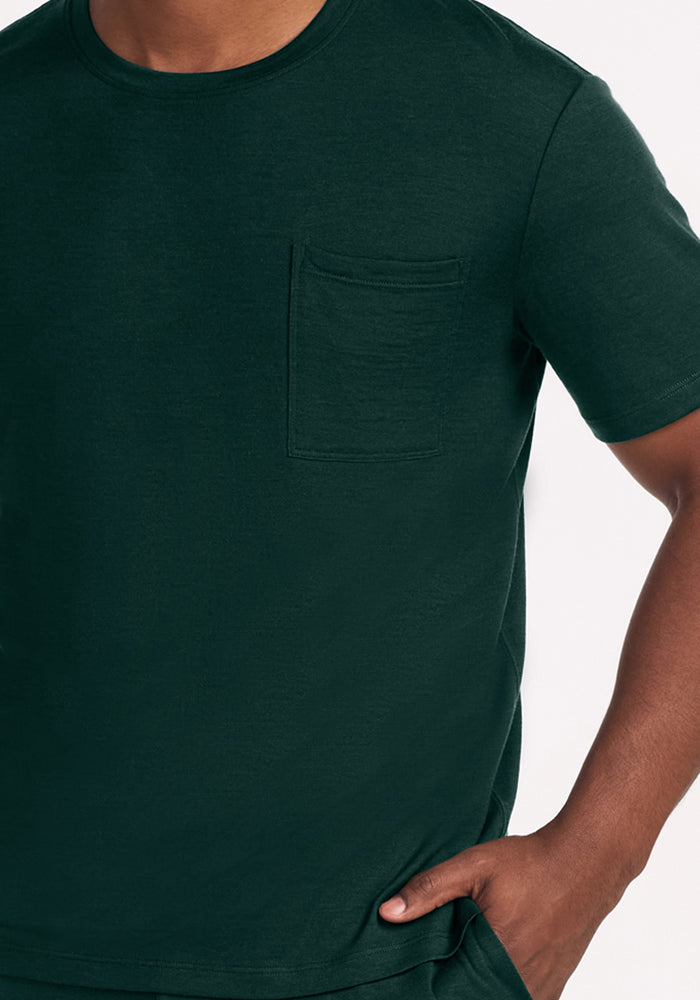 Finn Top - Deep Pine dark green short-sleeved crew neck moisture-managing lounge shirt with a chest pocket.