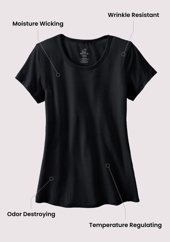 The Woolx Addie Crew Neck - Skyline is a black short-sleeve women's merino tee highlighting "Moisture Wicking," "Wrinkle Resistant," "Odor Destroying," and "Temperature Regulating"—the ultimate quick-drying everyday shirt.