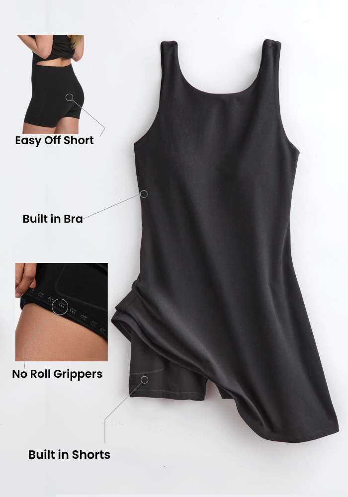 Woolx Adrienne Active Dress - Black: sleeveless, built-in bra & shorts, easy-off shorts, and no-roll grippers.