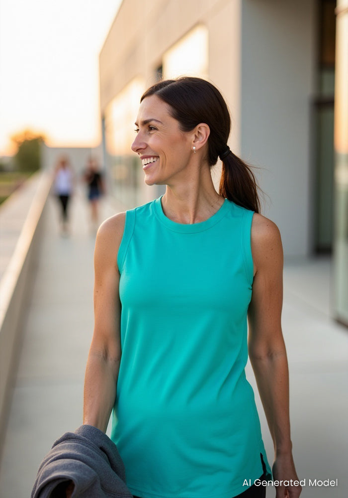 A woman in a Woolx Bella Tunic Top - Cool Jade smiles while walking outside by a modern building at sunset.