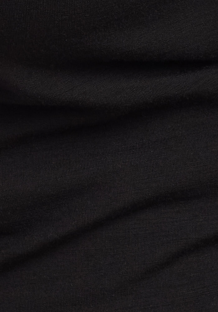 Close-up of Edna Hooded Cardigan - Black by Woolx, showcasing black wool fabric with visible texture and subtle folds.