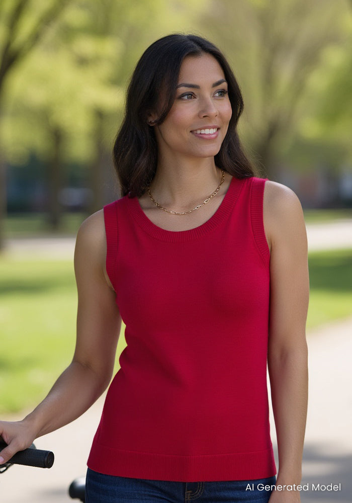 A woman with long dark hair, wearing the Woolx Chessy Tank Top in Poppy Spark and jeans, smiles outdoors in a sunny green park. The image is labeled "AI Generated Model" in the bottom right corner.