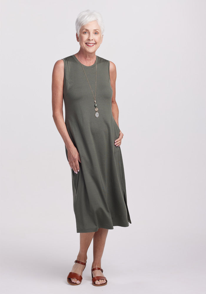 Model wearing Cassie dress - Deep Fern | Kathy is 5'9", wearing a size S