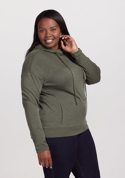 Model wearing Callie hoodie - Spruce Heather | Le’Quita is 5’11”, wearing a size XL