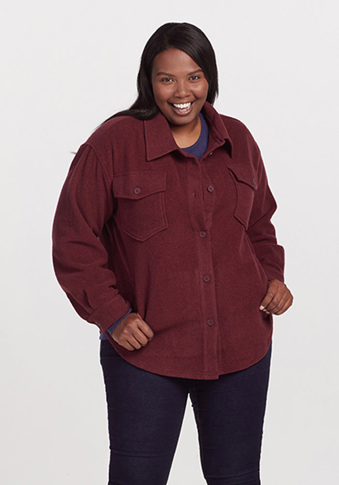 Model wearing Sawyer Shacket - Cranberry | Le’Quita is 5’11”, wearing a size XL