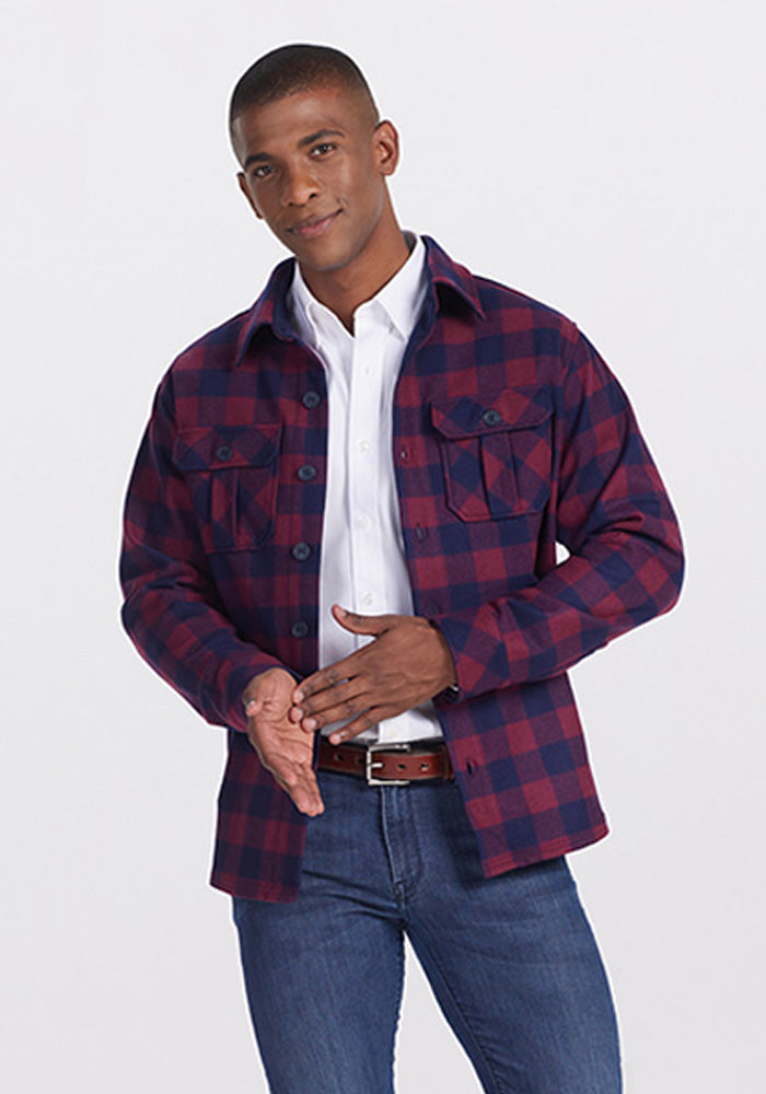 Model wearing Burlington Jacket - Cranberry Navy Checkered | Trell is 6’2”, wearing a size M