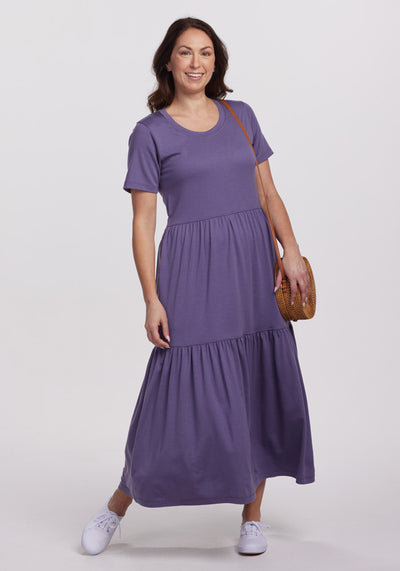 Model wearing Lucia dress - Montana Grape | Tiffany is 5'8", wearing a size S
