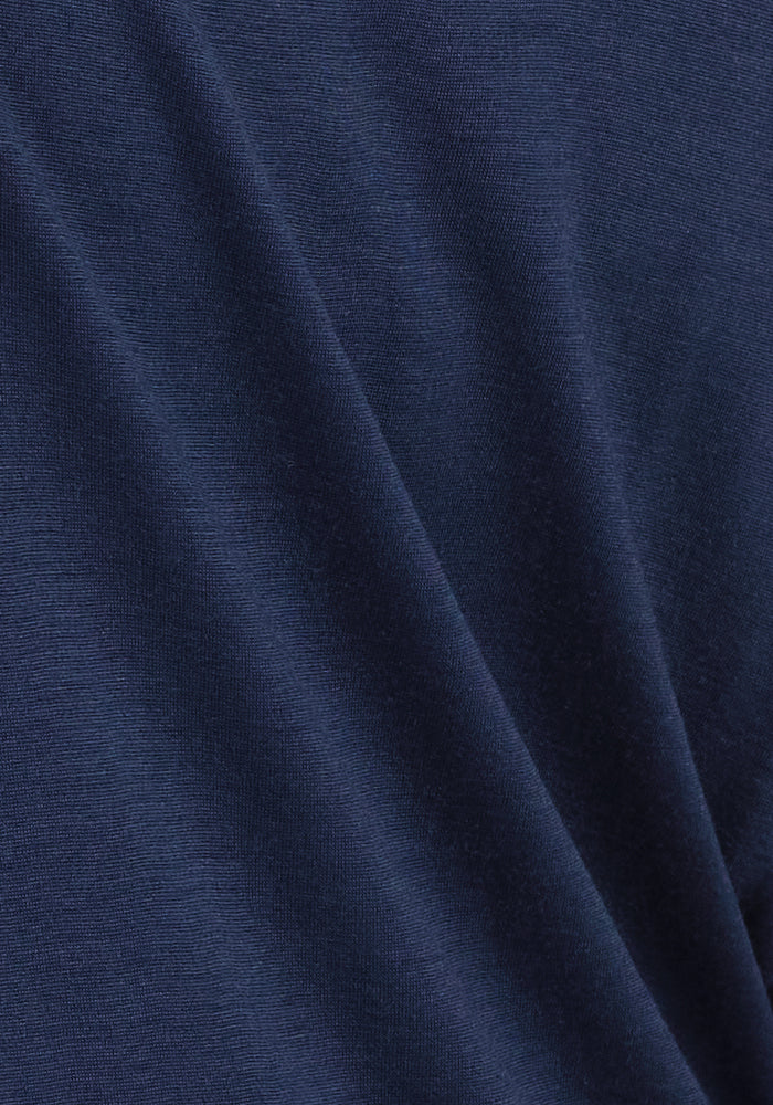 Close-up of folds in dark blue Archer Lounge Shorts - Deep Dive Merino wool shorts.