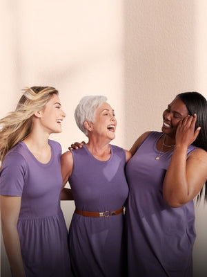 Three models wearing different dress styles in montana grape mobile size