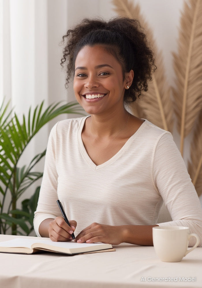 A woman with curly hair, smiling in her Woolx Elena 3/4 Sleeve V Neck - Cream Heather, writes in a notebook at a table. A white mug sits nearby, with green plants and pampas grass in the background.