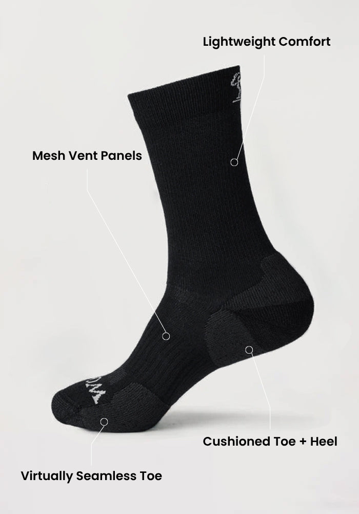 The Woolx Mens Harbor Crew Sock Light Cushion - Evening Tide is shown in black, featuring lightweight comfort, mesh vent panels, cushioned toe and heel, and a virtually seamless toe for moisture-wicking performance.
