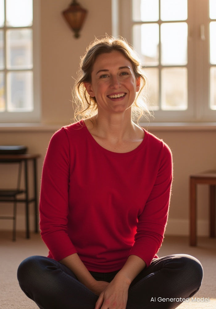 A woman with light brown hair, dressed in the Woolx Jenny 3/4 Sleeve Crew Neck in Poppy Spark, sits cross-legged on the floor and smiles warmly in a sunlit room with large windows behind her.