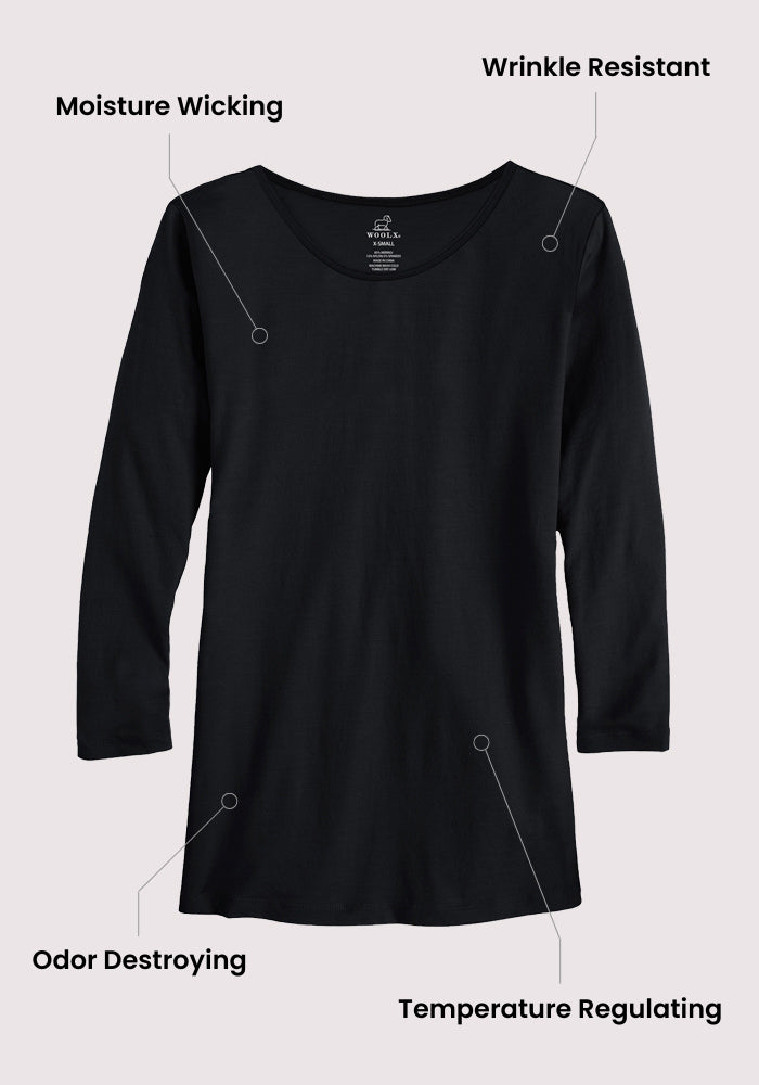 Woolx Jenny 3/4 Sleeve Crew Neck in Peppercorn, featuring moisture wicking, odor control, and temp regulation.
