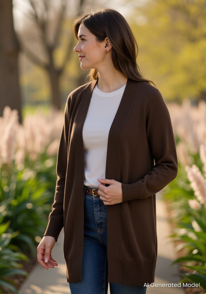 Woman in the Woolx Macie Sweater - Bracken and white shirt stands outdoors among lush greenery and blooming flowers.