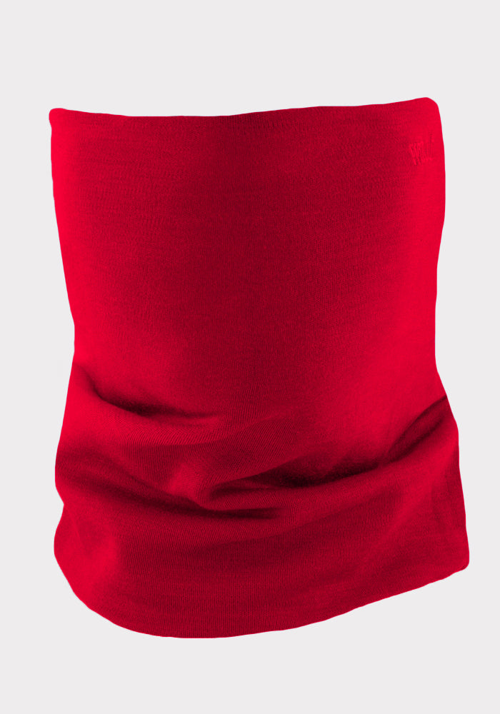 The Woolx Neck Gaiter in Maraschino Cherry is shown against a light gray background.