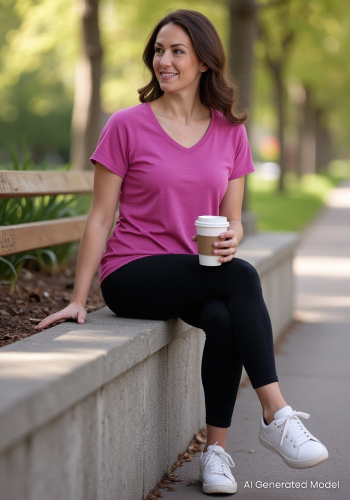 A woman with long brown hair, wearing the Woolx Mia V Neck in Purple Wine, black leggings, and white sneakers sits on a low concrete wall in a park, smiling with a coffee cup. Trees and a bench are visible in the background.