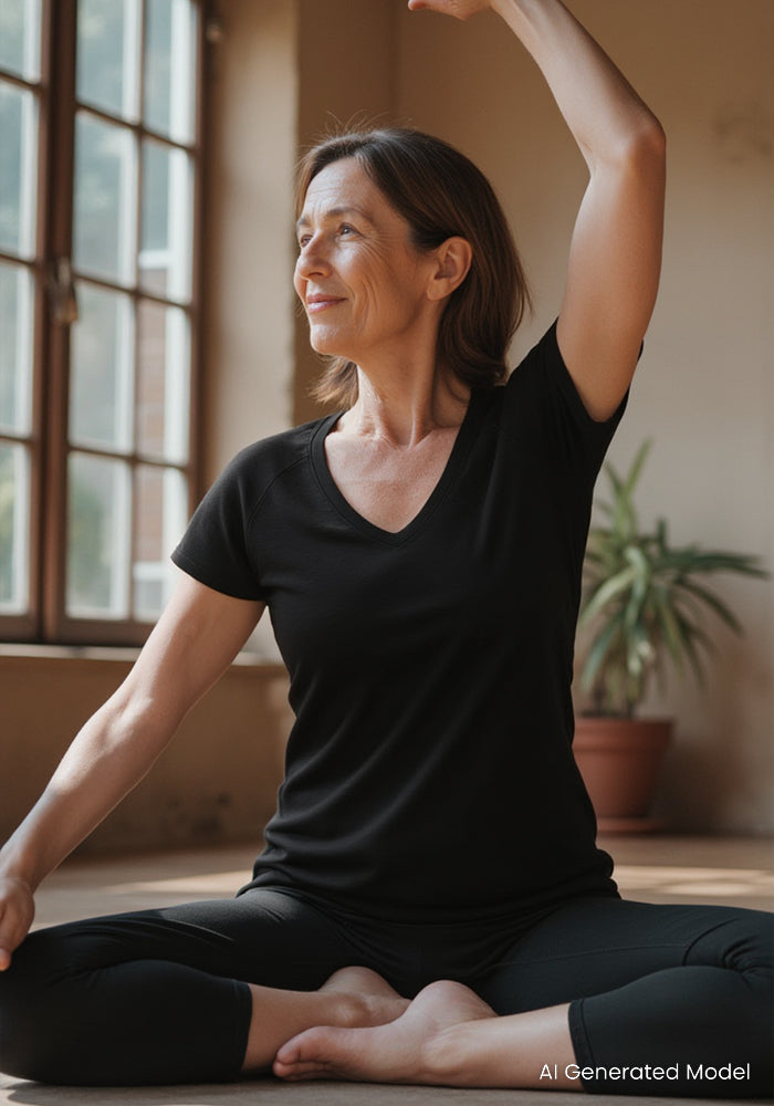 A woman in the Woolx Mia V Neck - Black Merino wool t-shirt sits cross-legged indoors, stretching as sunlight streams through large windows, highlighting her temperature-regulating top and a potted plant in the background.