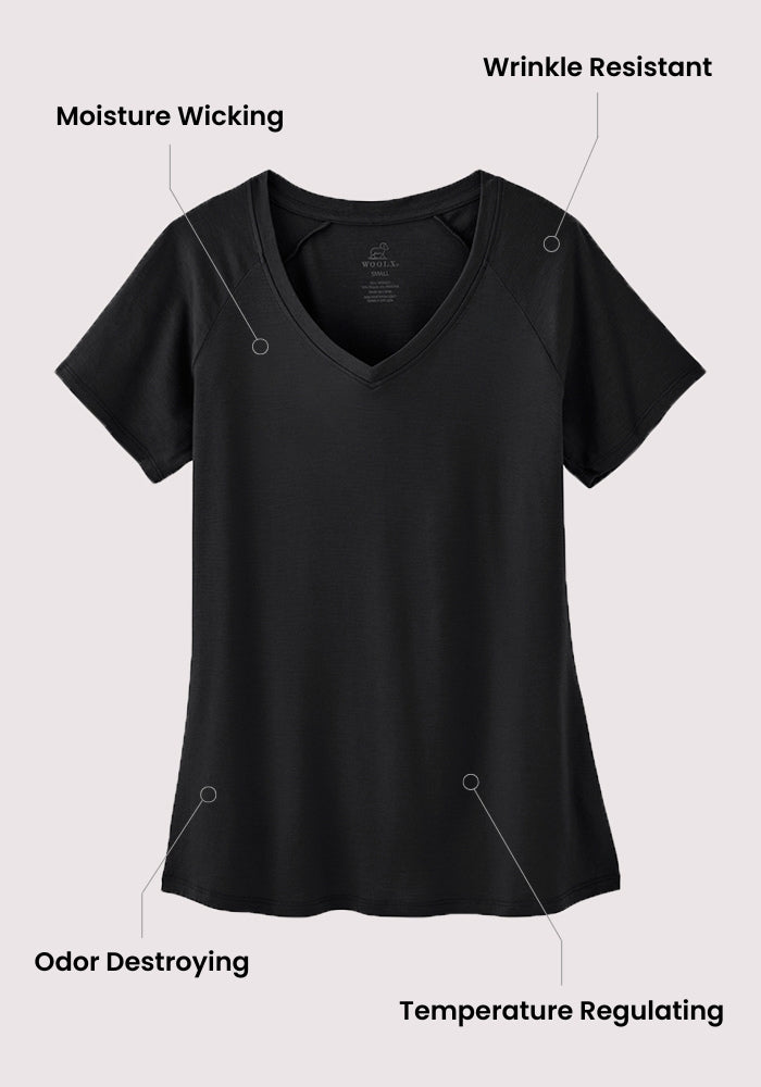 The Woolx Mia V Neck - Cool Jade is a women's black Merino wool tee featuring moisture-wicking, wrinkle resistance, odor control, and temperature regulation—ideal for travel or everyday wear.