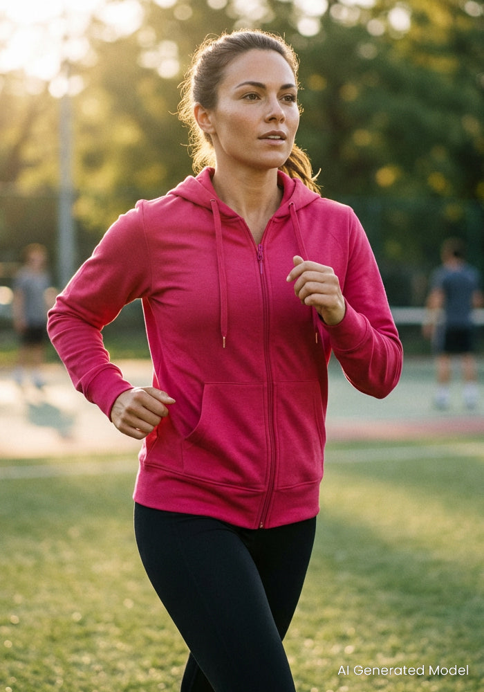 A woman jogs outdoors on a sunny day wearing the Woolx Ryann Hoodie in Poppy Spark and black leggings, with a grassy field and people blurred in the background for an energetic, natural vibe.