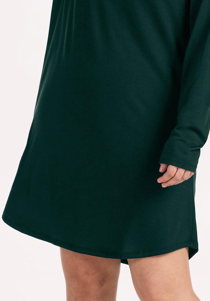 A dark green long-sleeve Woolx Lucille Long Sleeve Nightgown - Deep Pine.