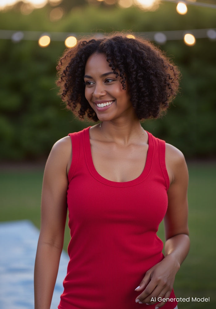 A woman wears the Woolx Sloane Ribbed Tank in Poppy Spark outdoors with string lights and greenery in the background.