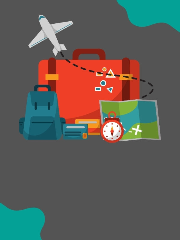 Grey background with travel features like plane and suitcase mobile size