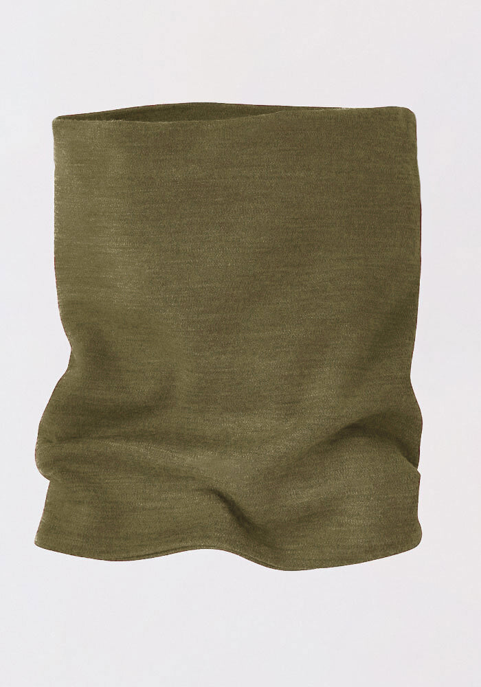 The Woolx Neck Gaiter - Winter Moss is a soft, olive green Merino wool neck warmer with gentle folds, shown against a white background. Lightweight and comfortable, it’s perfect as a midweight layer for warmth.