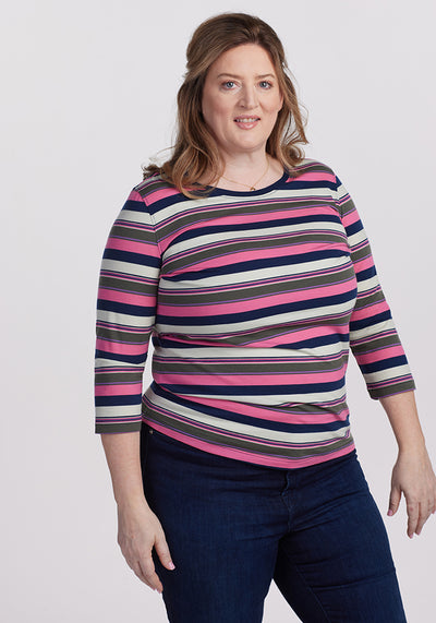 Model wearing Jenny top - Aurora Stripe | Cambre is 5'11", wearing a size XL