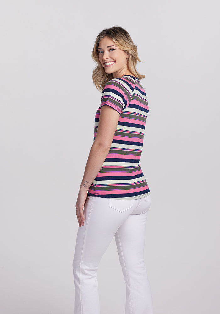 Model wearing Mia V-Neck - Aurora Stripe