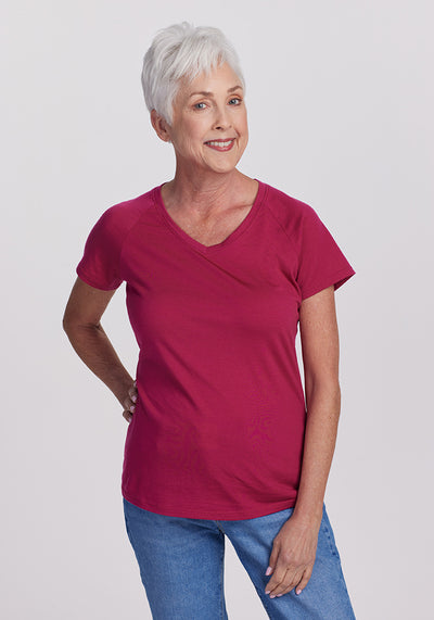 Model wearing Mia V-Neck - Sangria Wine | Kathy is 5'9", wearing a size S