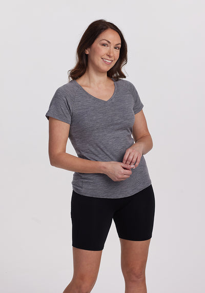 Model wearing Mia V-Neck - Graphite Heather | Tiffany is 5'8", wearing a size S