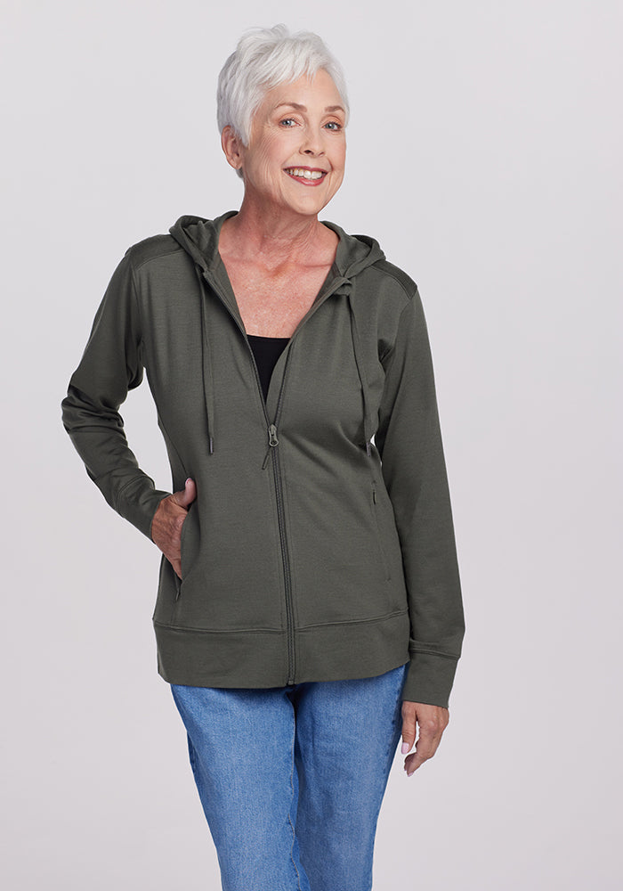 Model wearing Ryann hoodie - Deep Fern | Kathy is 5'9", wearing a size S