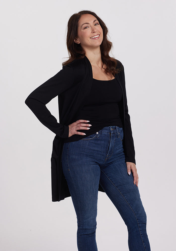 Model wearing Paisley cardigan - Black | Tiffany is 5'8", wearing a size S