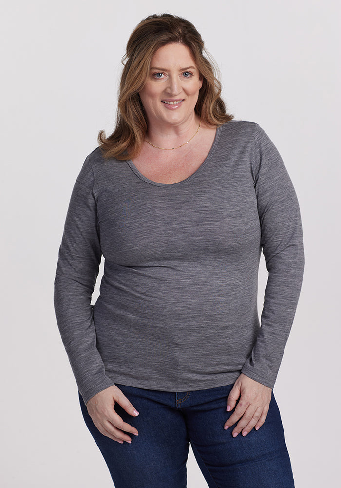Model wearing Layla top - Graphite Heather | Cambre is 5'11", wearing a size XL