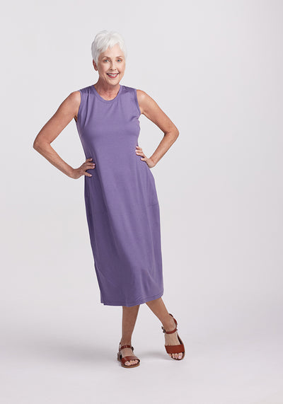 Model wearing Cassie dress - Montana Grape | Kathy is 5'9", wearing a size S