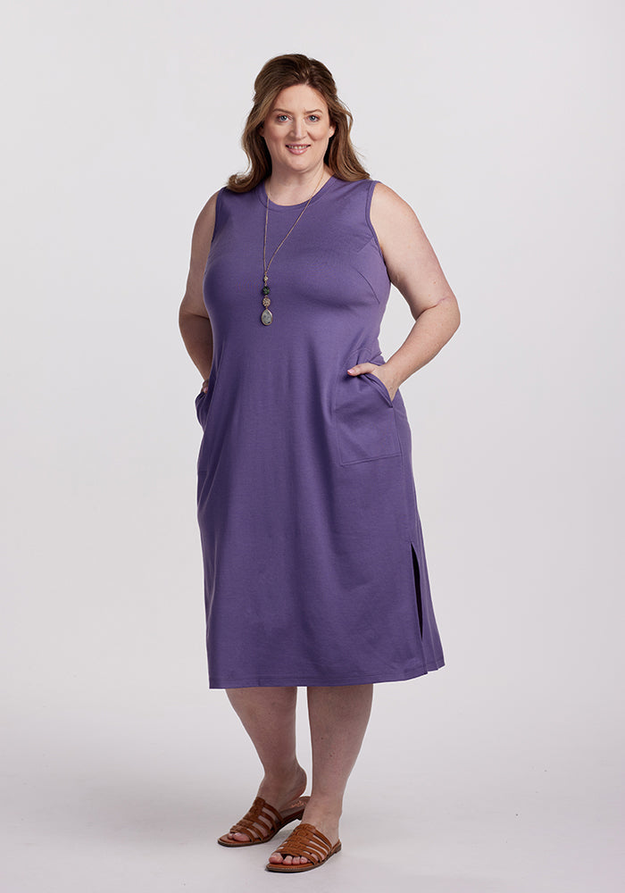 Model wearing Cassie dress - Montana Grape | Cambre is 5’11”, wearing a size XL