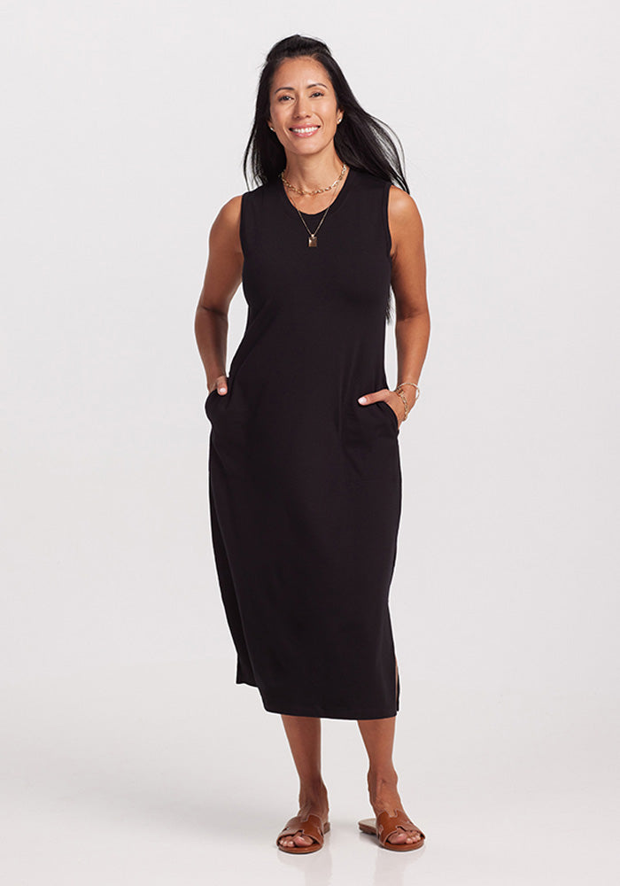 Model wearing Cassie Dress - Black | Denia is 5'8", wearing a size S