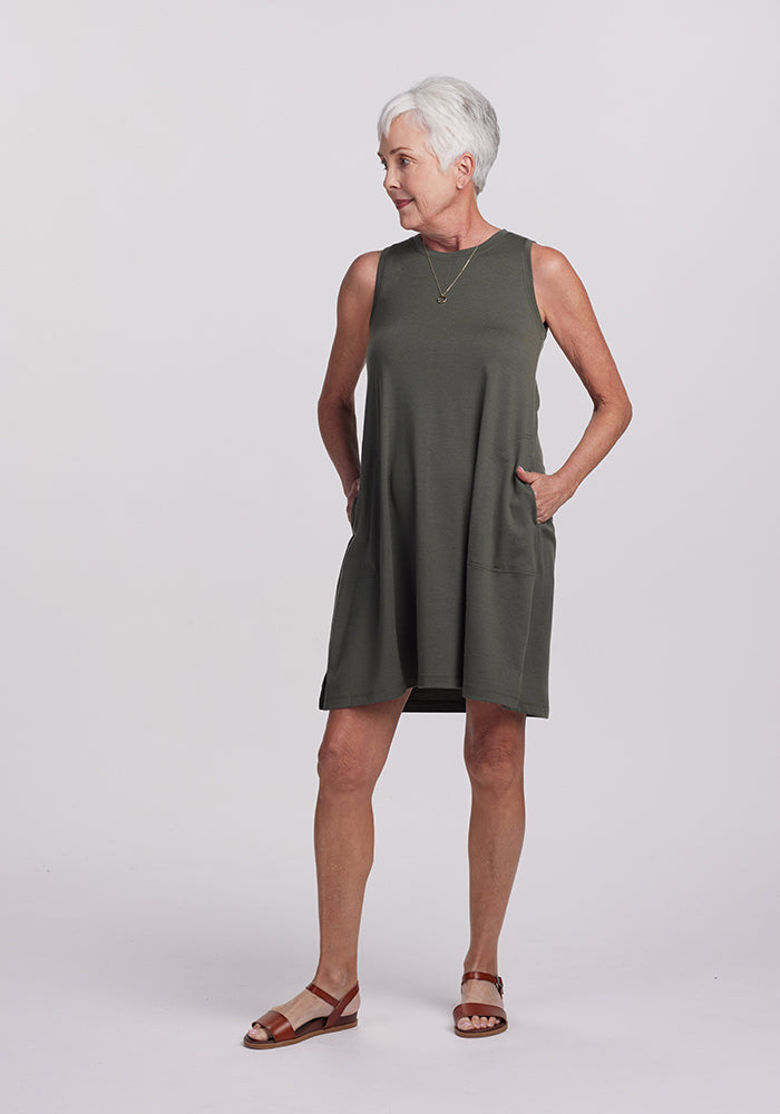 Model wearing Clara dress - Deep Fern | Kathy is 5'9", wearing a size S
