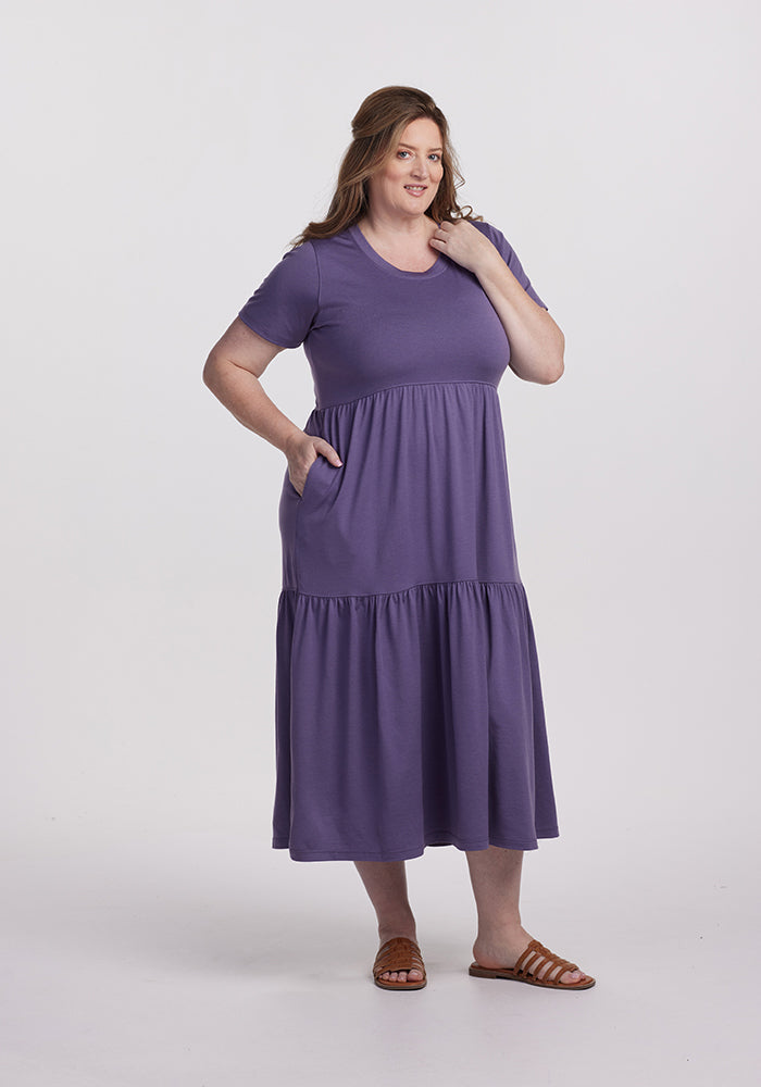 Model wearing Lucia dress - Montana Grape | Cambre is 5'11", wearing a size XL