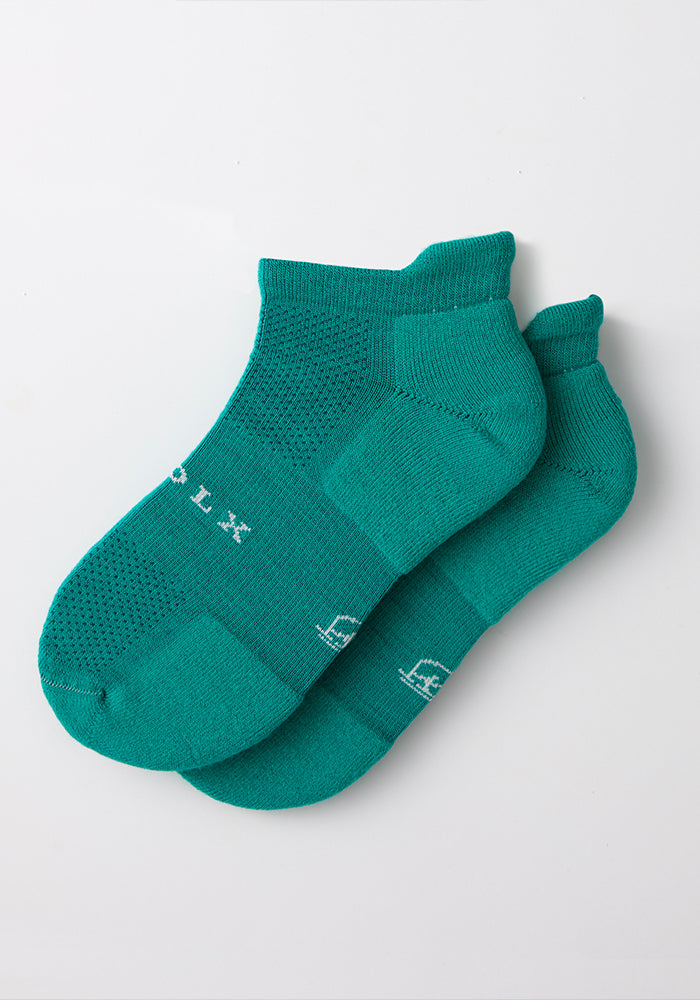 Woolx Womens Rowan No Show Socks in Cool Jade with white lettering, shown on a white background.